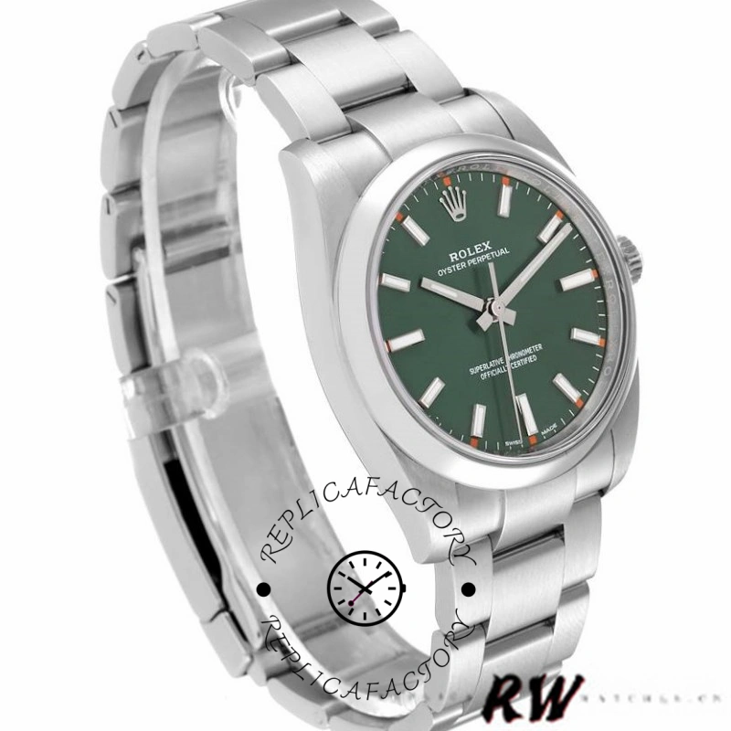 Rolex Oyster Perpetual Air-King 114200, olive green dial, angled view showing smooth bezel.