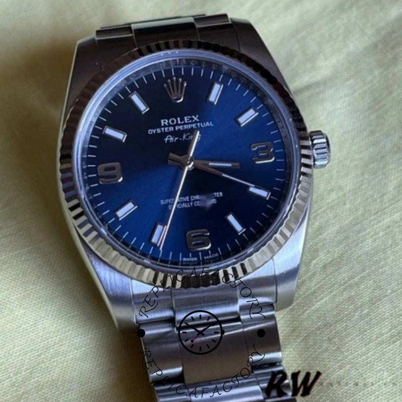 Rolex Air-King 114234, real photo front view showing blue dial, stick markers, and Oyster bracelet.