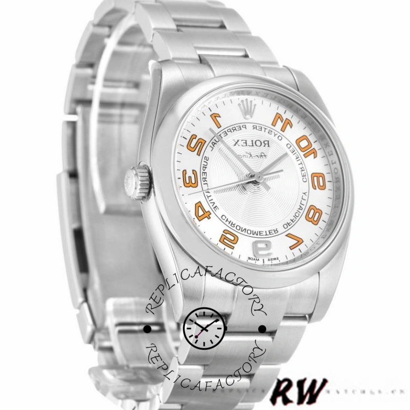 Rolex Air-King 114200, concentric silver dial with orange accents, stainless steel Oyster bracelet, angled view.