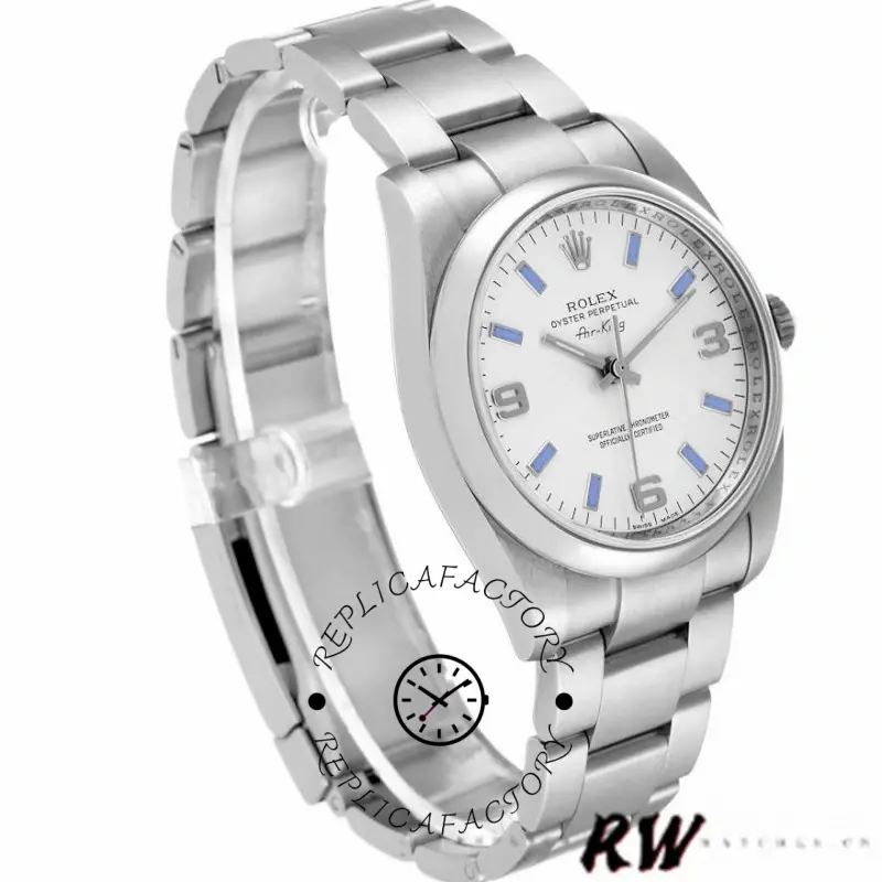 Rolex Air-King 114200, silver dial, angled view showing case and bracelet.