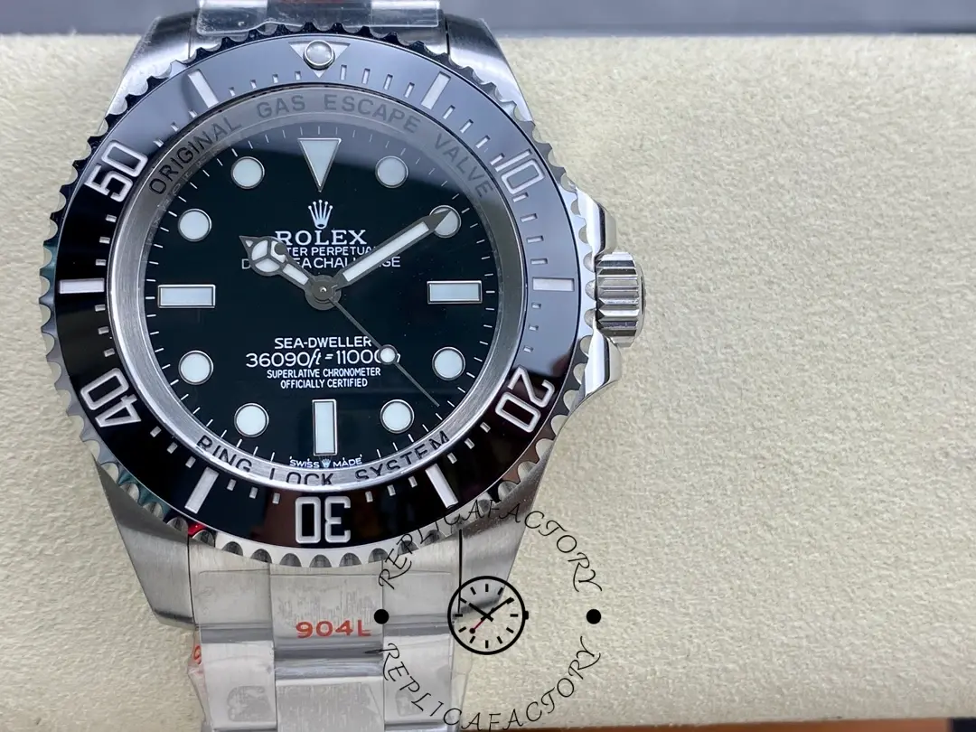 Front close-up of Rolex Sea-Dweller 126067-0001 showing luminous hour markers and bold 50mm case design.