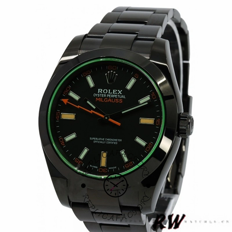 Angled view of Rolex Milgauss 116400GV, showing green crystal tint and black dial.