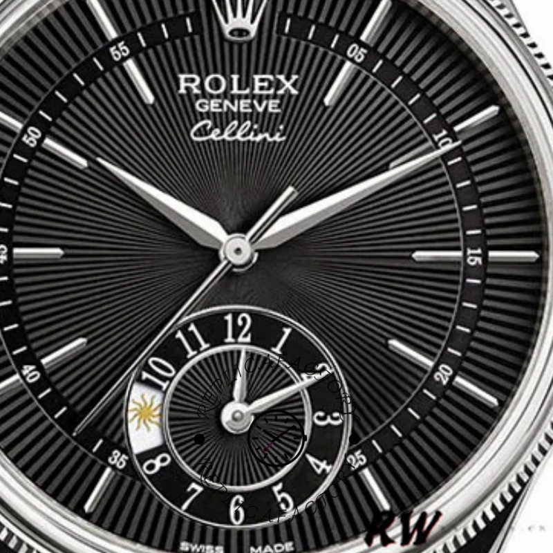 Rolex Cellini Dual Time 50529, dial macro showing guilloche texture and dual time subdial.