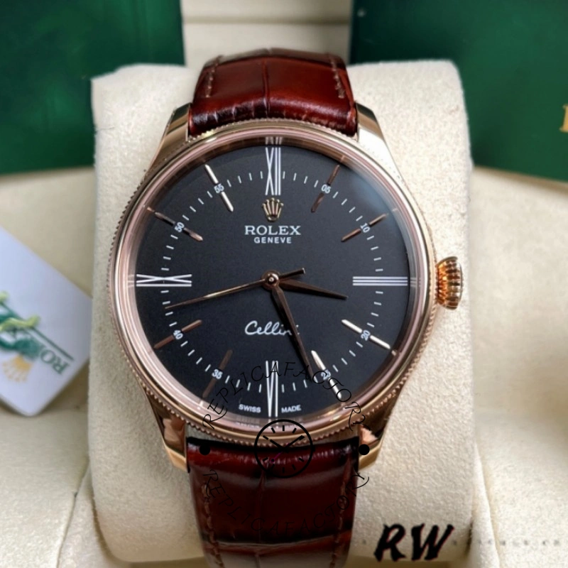 Rolex Cellini Time 50505 on cushion, showing black dial and rose-tone case.