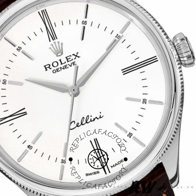 Rolex Cellini Time 50509, dial close-up showing white dial, markers, and crown.
