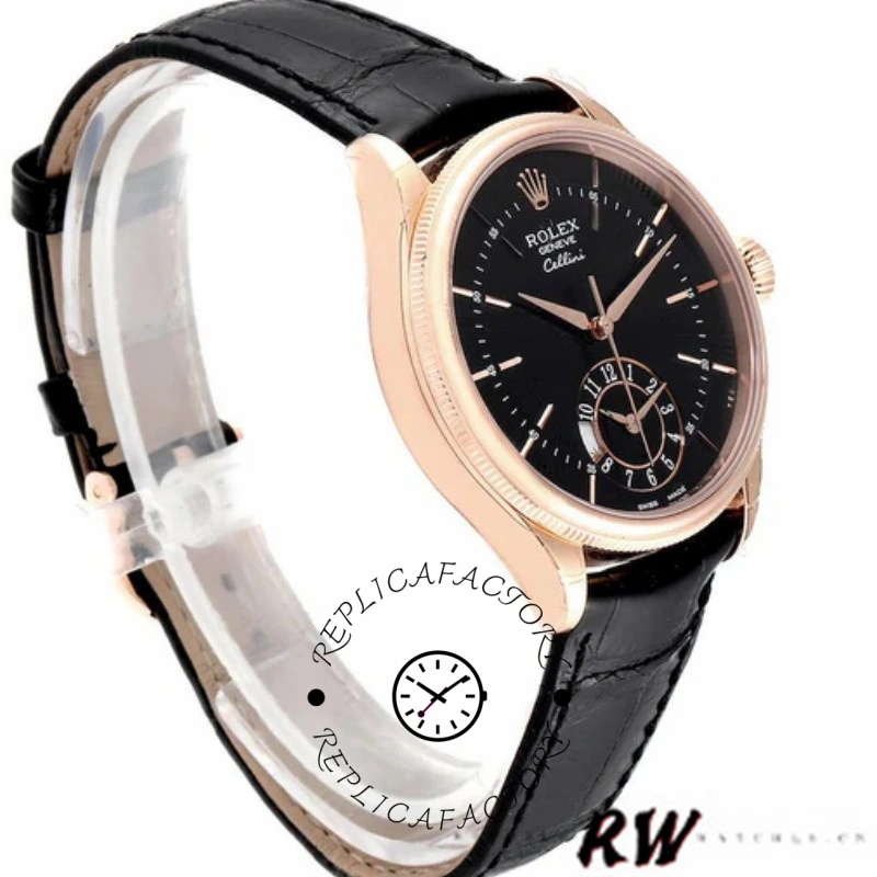 Rolex Cellini Dual Time 50525 angled front view, rose gold case, black dial, black leather strap.