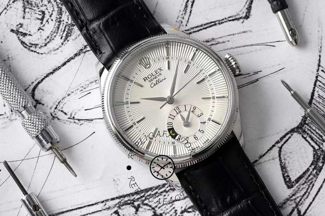 Rolex Cellini Dual Time 50529, angled front view on sketch background, silver dial and leather strap.
