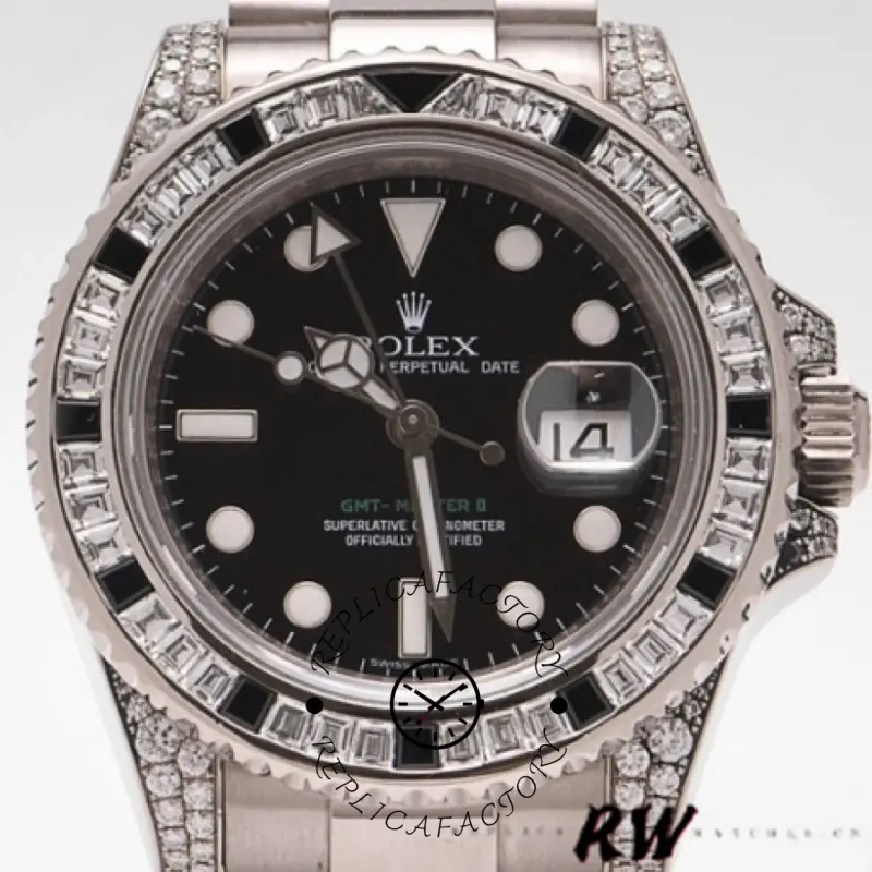 Rolex GMT-Master II 116759SANR dial close-up, black dial with date, gem-set bezel detail.