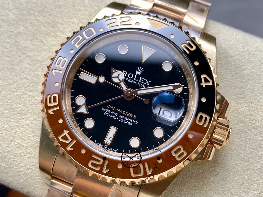 Another dial close-up of Rolex GMT-Master II 126715CHNR highlighting bezel color split and minute track.