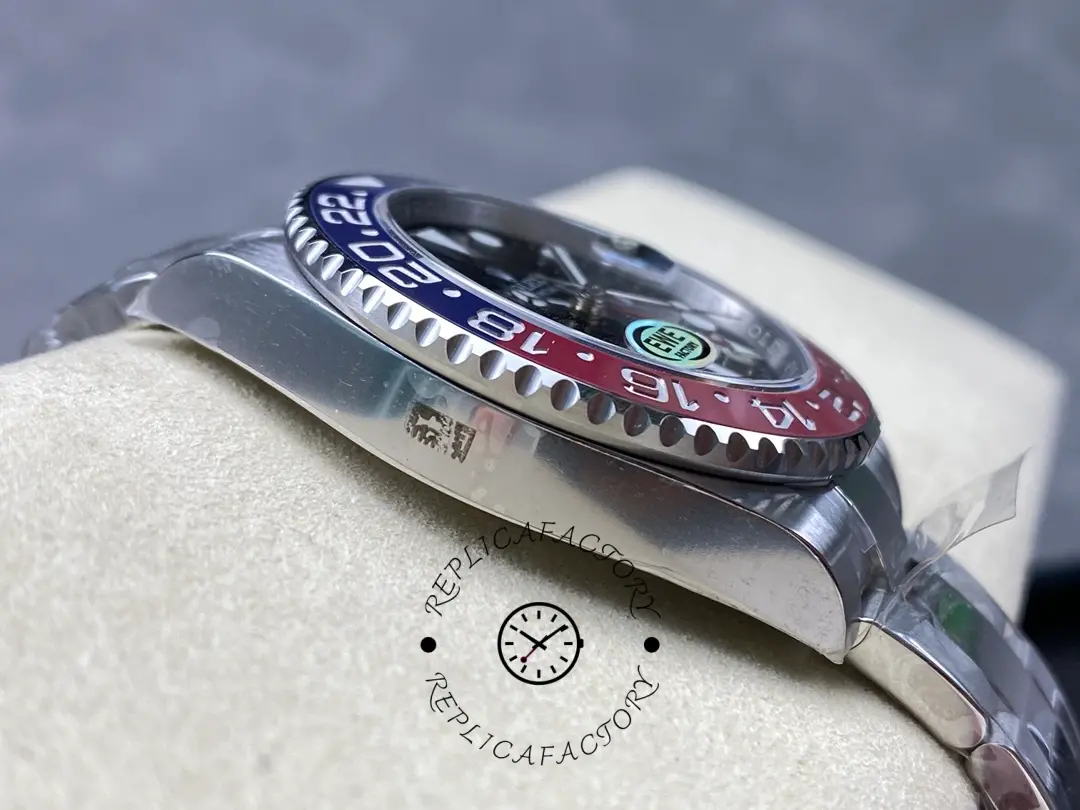 Side view of the Rolex GMT-Master II 126710BLRO 0002 showing bezel height and case edge.