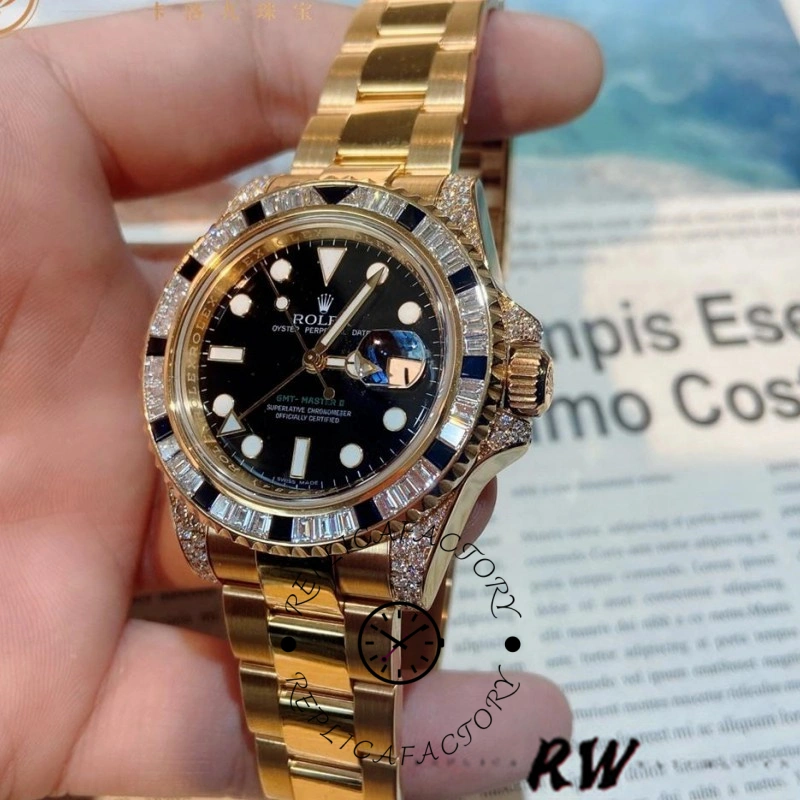 Rolex GMT-Master II 116758, hand-held view showing black dial and diamond bezel.