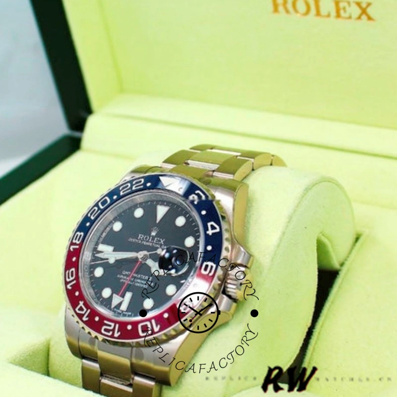 Rolex GMT-Master II 116719BLRO displayed in Rolex box, black dial and Pepsi bezel shown.