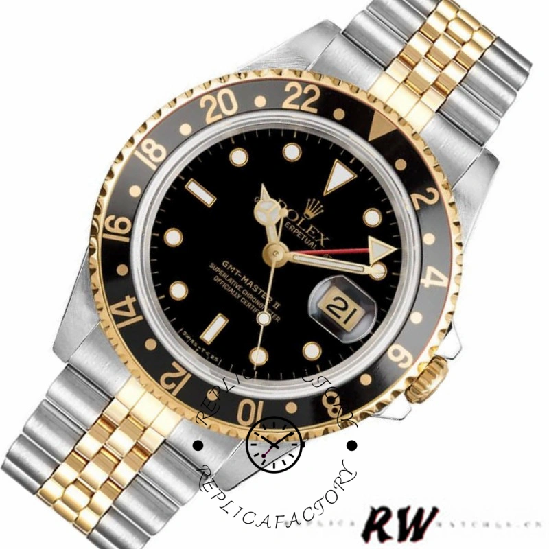 Angled front view of the Rolex GMT-Master II 16713LN showing black bezel and gold accents.