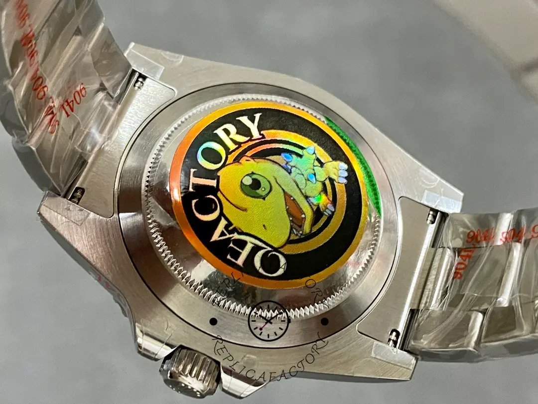 Caseback sticker detail of the Rolex GMT-Master II 126710BLRO 0002 showing protective film.
