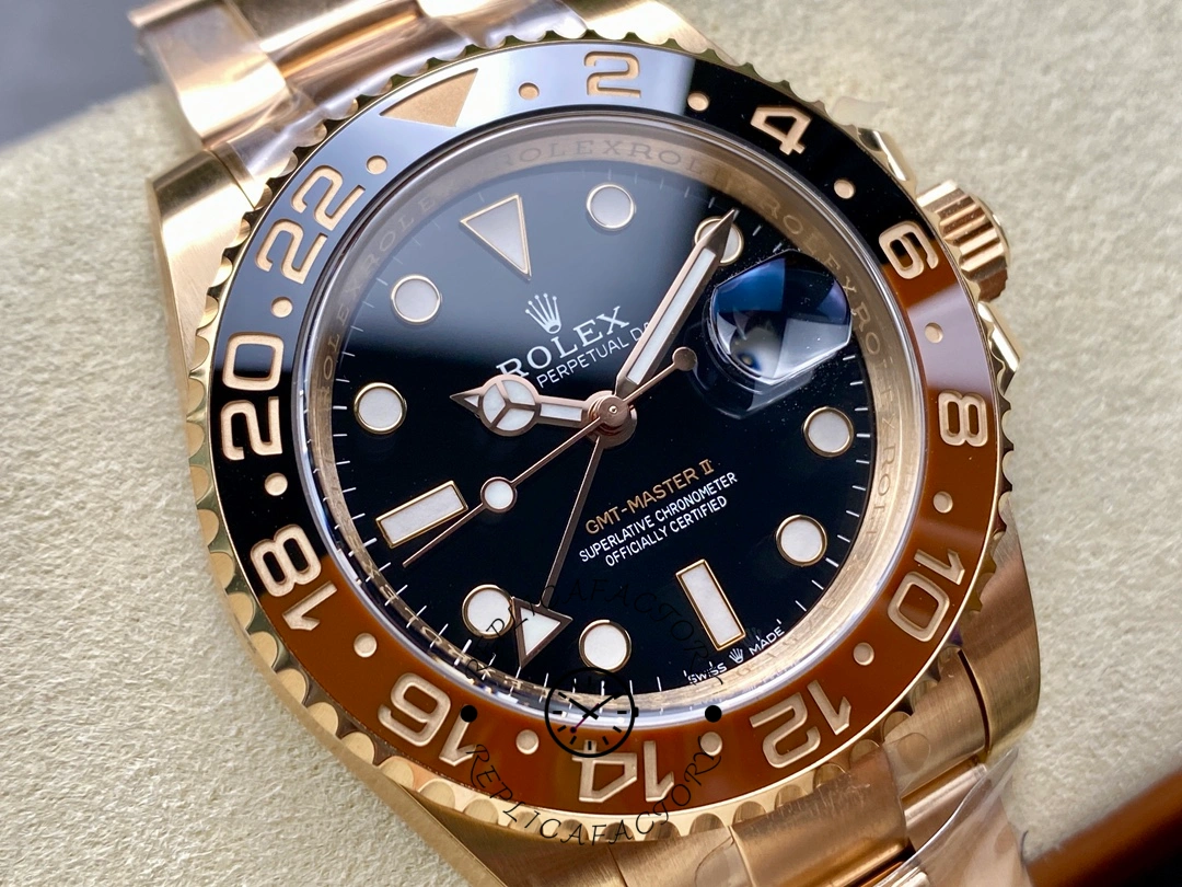 Angled dial close-up of Rolex GMT-Master II 126715CHNR showing black dial texture and bezel edge.
