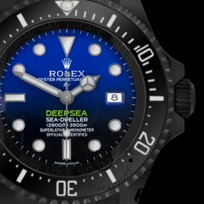 Close-up of the Rolex Sea-Dweller Deepsea 116660 PVD/DLC showing dial text and bezel detail.