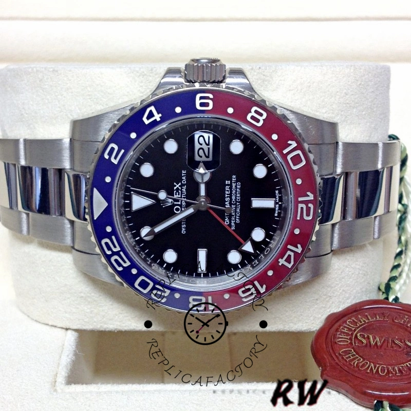 Rolex GMT-Master II 116719BLRO on wrist, black dial and Pepsi bezel, front view.