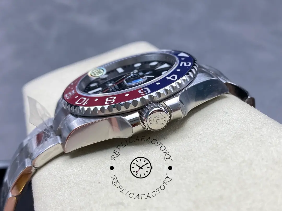 Angled side profile of the Rolex GMT-Master II 126710BLRO 0002 showing crown and bezel.