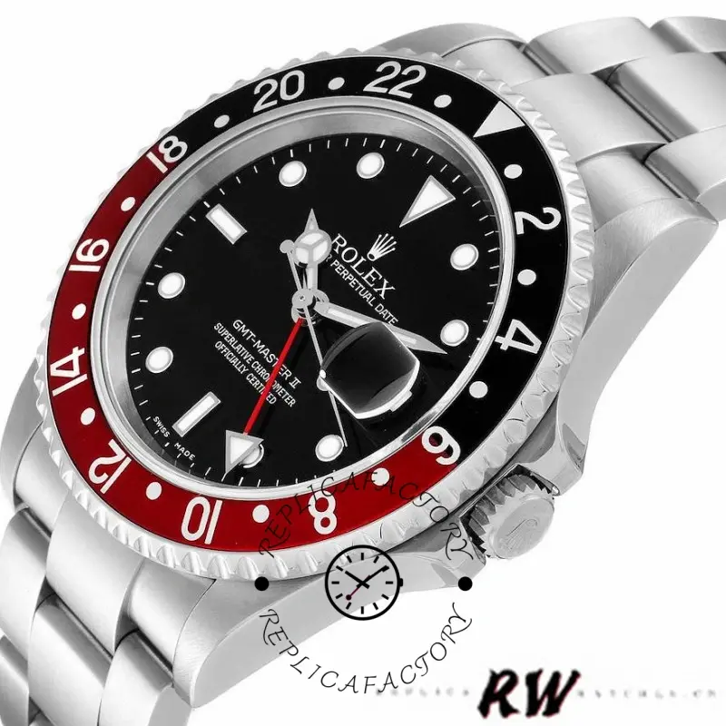 Close-up of Rolex GMT-Master II 16710 showing dial markers and black/red Coke bezel.
