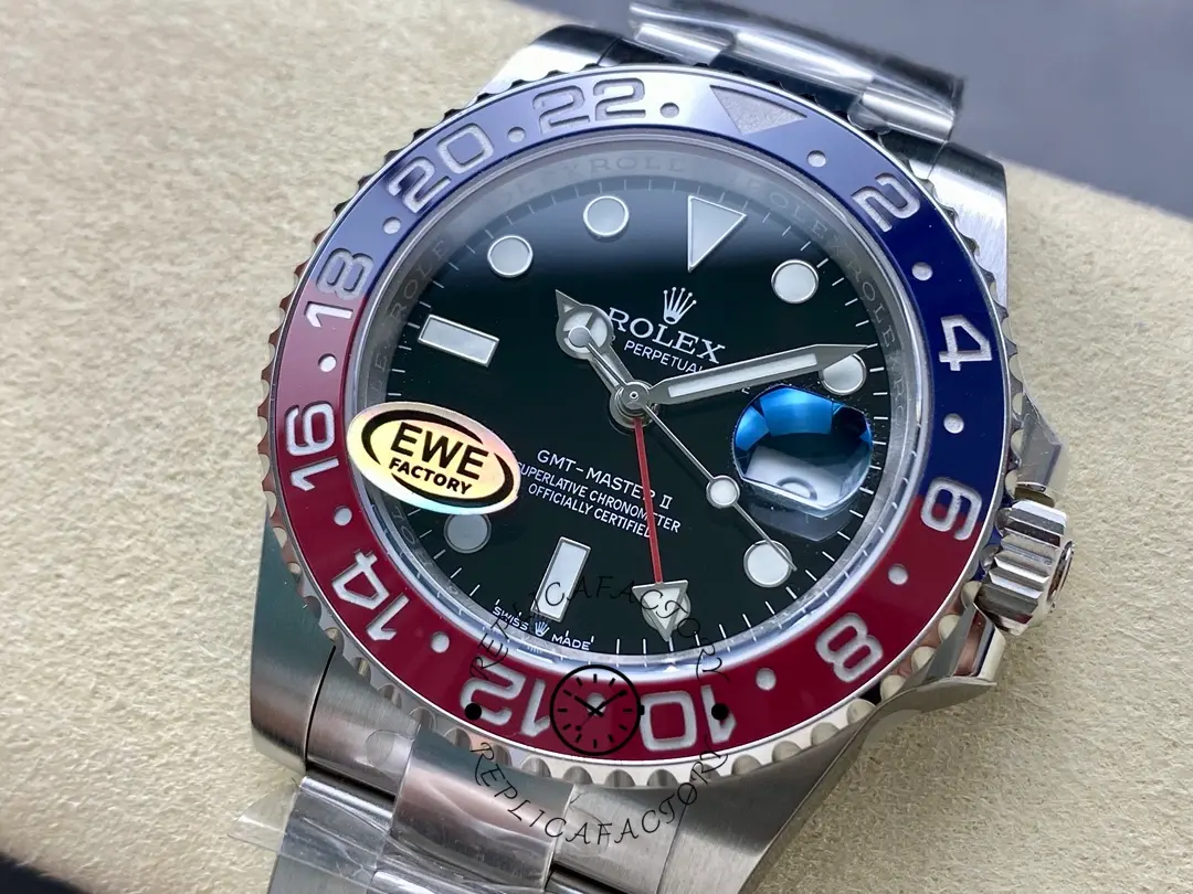 Dial close-up of the Rolex GMT-Master II 126710BLRO 0002 showing hands and bezel markers.