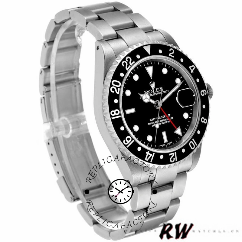 Rolex GMT-Master II 16710 angled view, black dial and black bezel, stainless steel bracelet.
