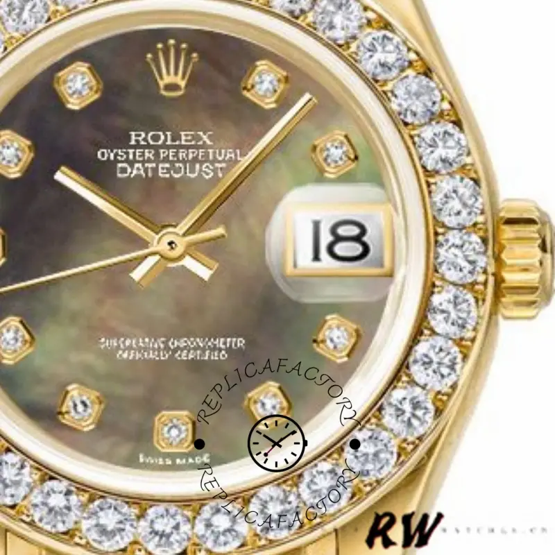 Close-up of Rolex Pearlmaster 80298 showing diamond bezel, date window, and dial markers.