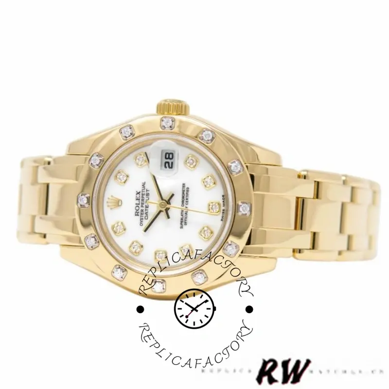 Angled front view of the Rolex Pearlmaster 80318 showing the white dial and gold bezel.