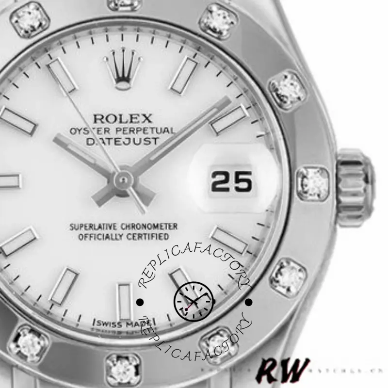 Rolex Pearlmaster 80319 dial close-up, white dial with date window, gem-set bezel detail.