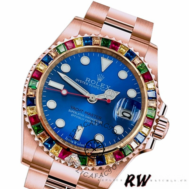 Angled view of Rolex Yacht-Master 116695 showing blue dial and rainbow gem bezel on bracelet.