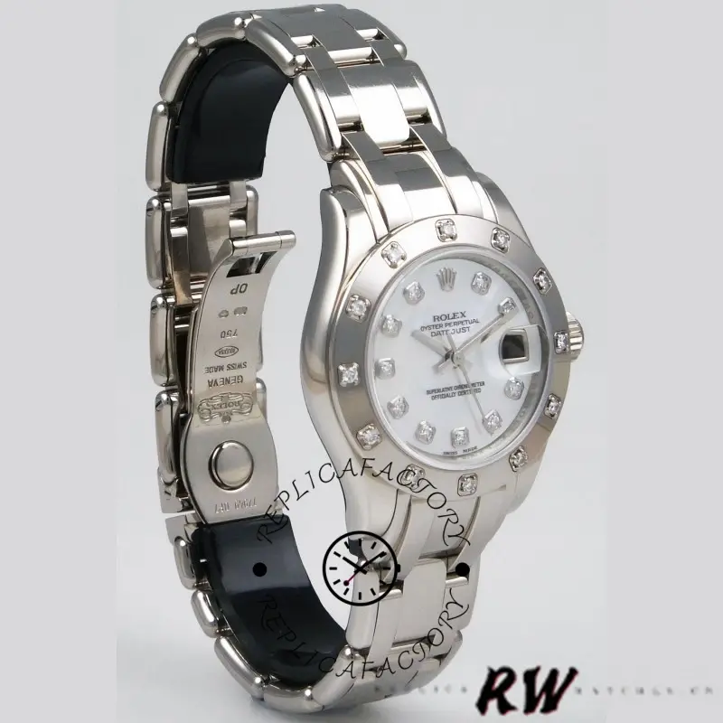 Rolex Pearlmaster 80319, angled side view showing MOP dial and bracelet curve.