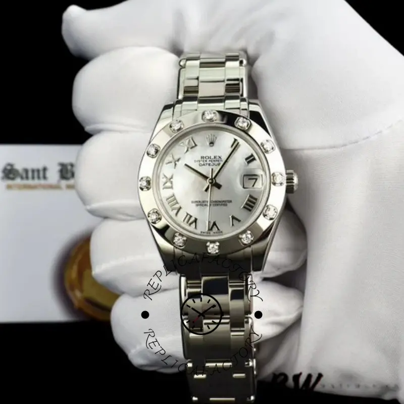 Rolex Pearlmaster 81319, gloved hand front view showing MOP dial and bracelet.