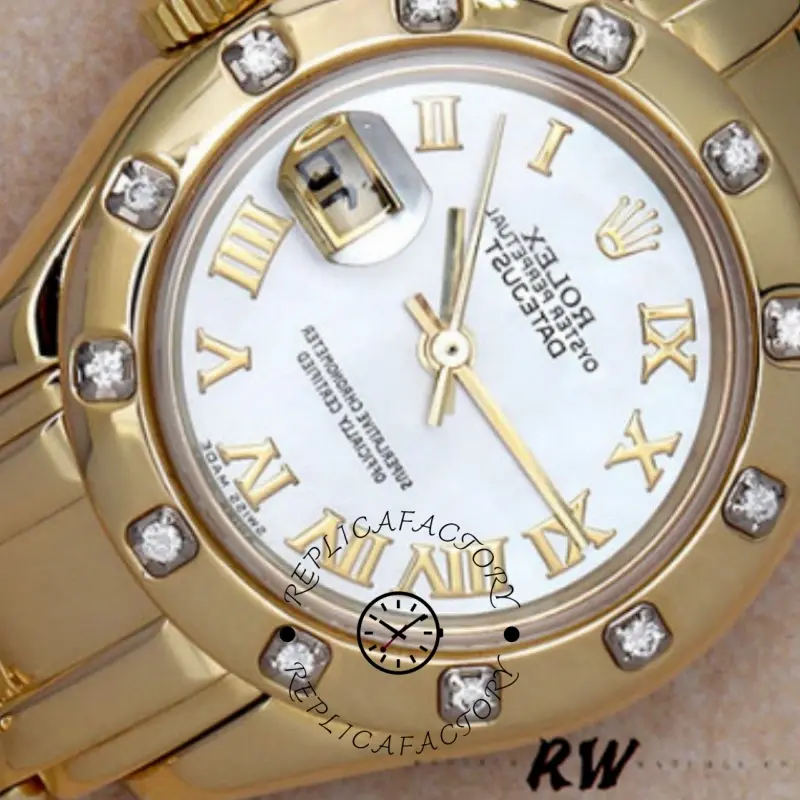 Rolex Pearlmaster 80318, dial close-up showing white MOP dial, Roman numerals, and diamond bezel.