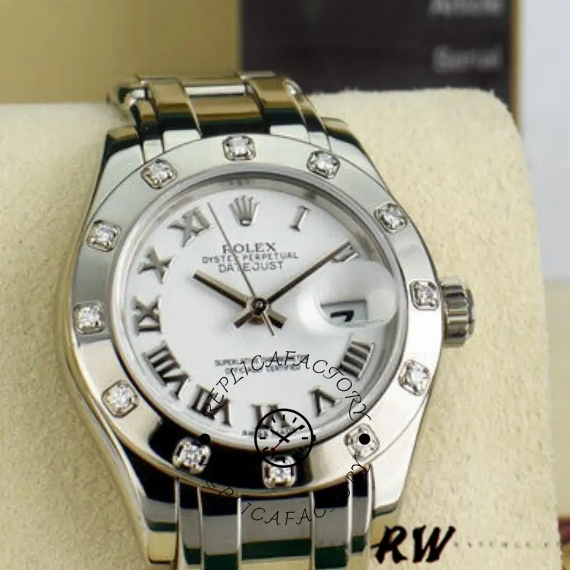Display view of the Rolex Pearlmaster 80319 on cushion, white Roman dial and bezel shown.