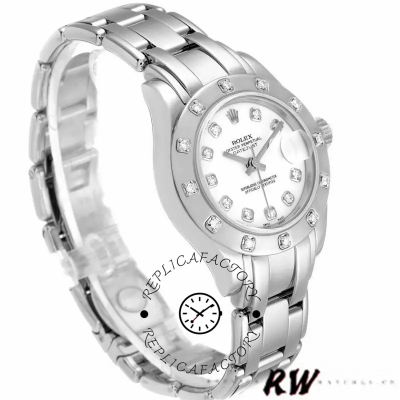 Angled front view of the Rolex Pearlmaster 80319 showing the white dial and diamond bezel.