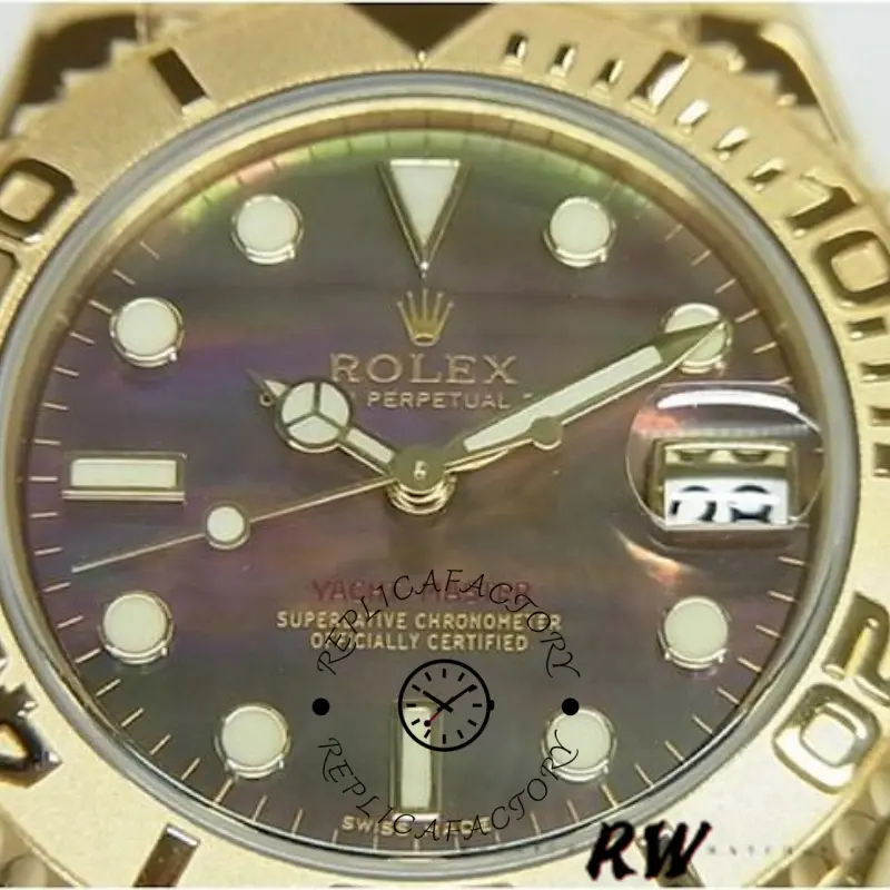 Close-up of Rolex Yacht-Master 169628 black MOP dial showing markers and date window.