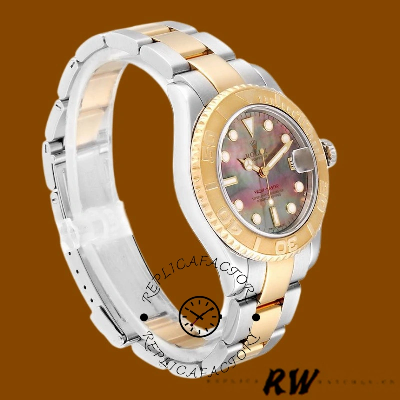 Rolex Yacht-Master 168623 angled view, black MOP dial and gold bezel, two-tone bracelet shown.