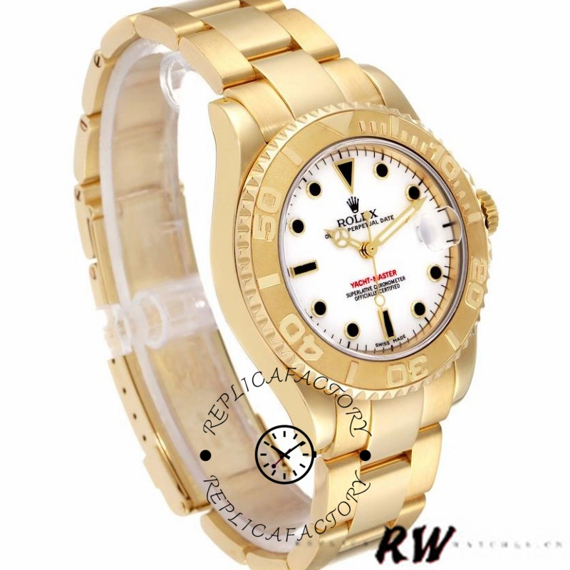 Rolex Yacht-Master 168628, angled side view showing gold bezel and bracelet curve.
