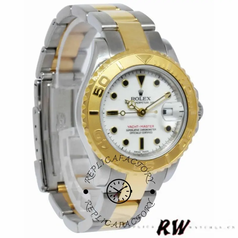 Side-angled view of the Rolex Yacht-Master 169623 showing gold bezel and two-tone bracelet.