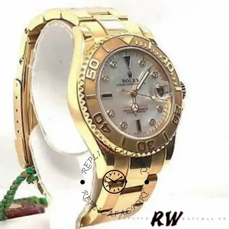 Angled view of Rolex Yacht-Master 168628 showing yellow gold case, bezel and bracelet.