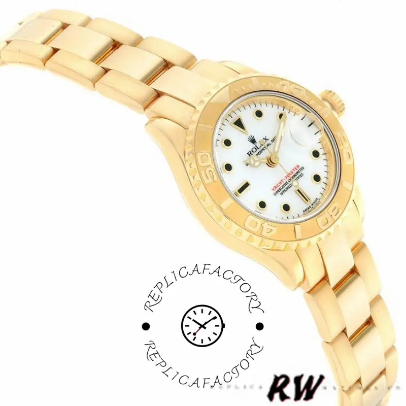 Rolex Yacht-Master 169628, angled side view showing yellow gold case and bracelet.