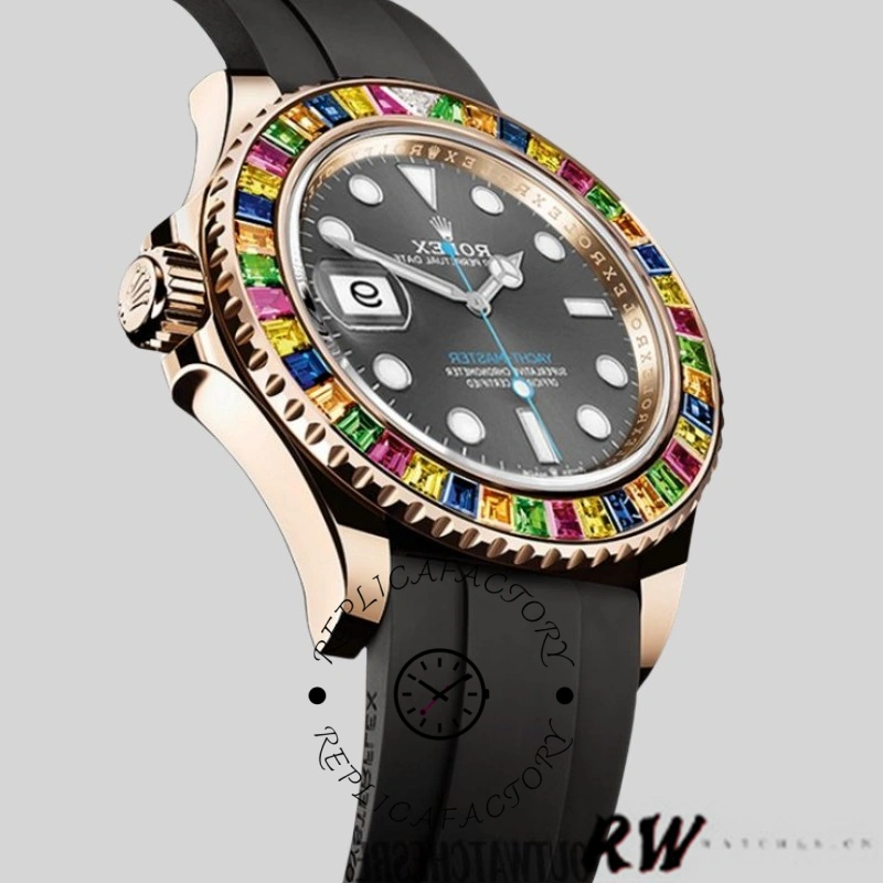 Angled view of Rolex Yacht-Master 116695 showing rainbow bezel and case profile.
