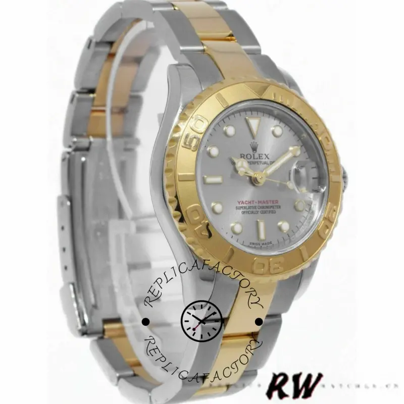 Rolex Yacht-Master 169623, angled side view showing gold bezel and two-tone bracelet.