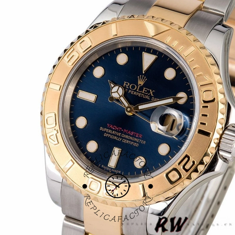 Rolex Yacht-Master 16623, dial close-up showing blue dial, gold bezel numerals, and date.