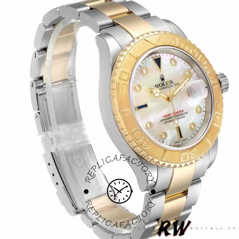 Side-angled view of the Rolex Yachtmaster 16623 showing gold bezel and mother-of-pearl dial.