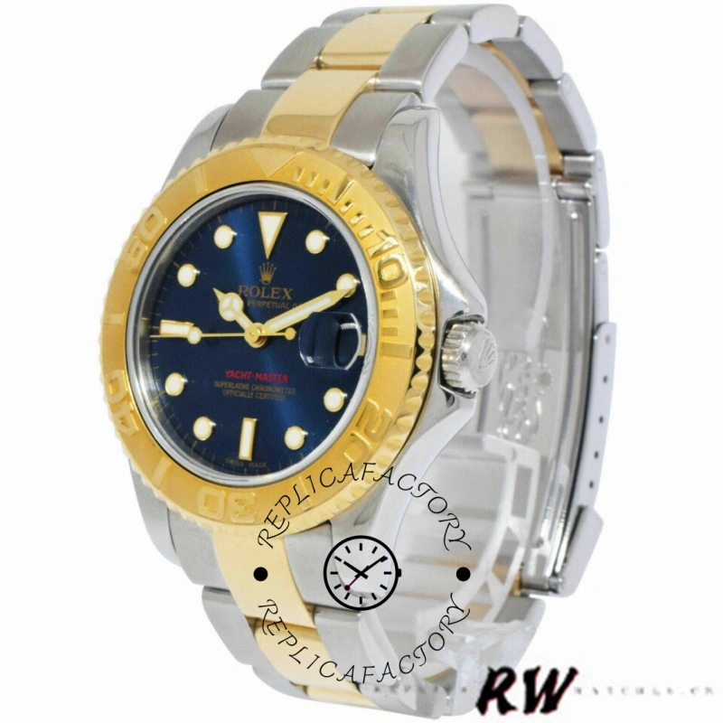 Rolex Yacht-Master 168623 angled view, blue dial and gold bezel, two-tone bracelet shown.
