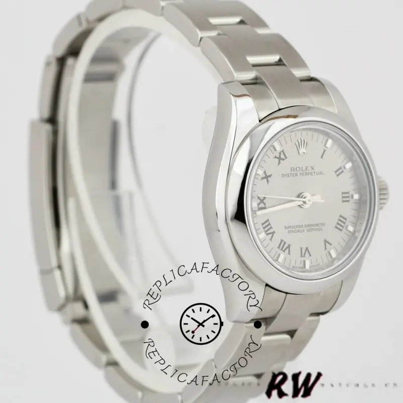 Rolex Oyster Perpetual 176200, angled view showing silver dial and steel bracelet on stand.
