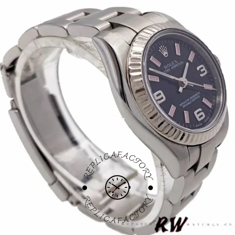 Rolex Oyster Perpetual 176234, angled view showing black dial and steel Oyster bracelet on stand.