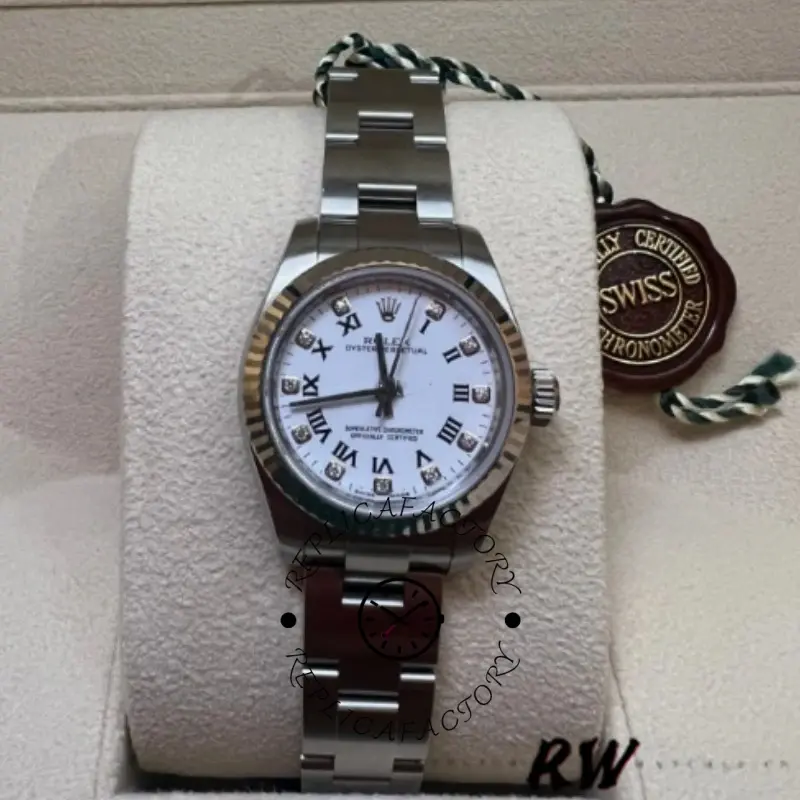 Rolex Oyster Perpetual 176234, on cushion view showing white Roman dial and Oyster bracelet, 26mm.