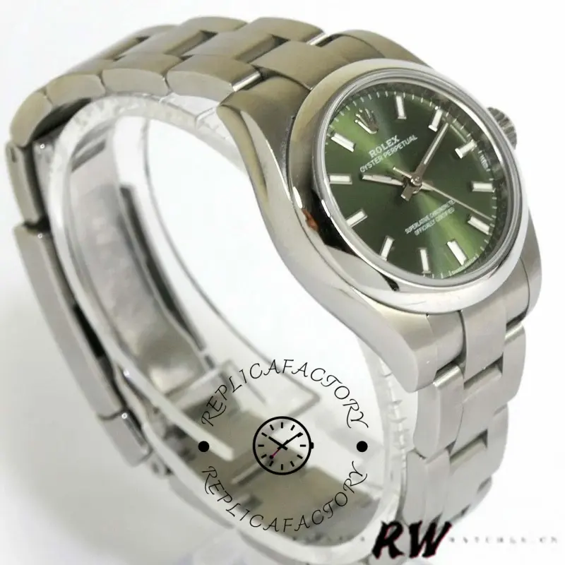 Rolex Oyster Perpetual 176200, angled view showing olive green dial and bracelet on stand.
