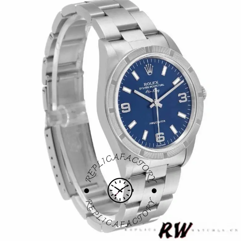 Rolex Oyster Perpetual 177210, angled view showing blue dial and smooth bezel, 31mm.
